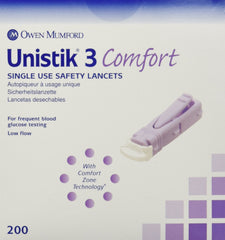 Unistik 3 lancets Comfort Style Purple for easier, more comfortable blood glucose testing at home.