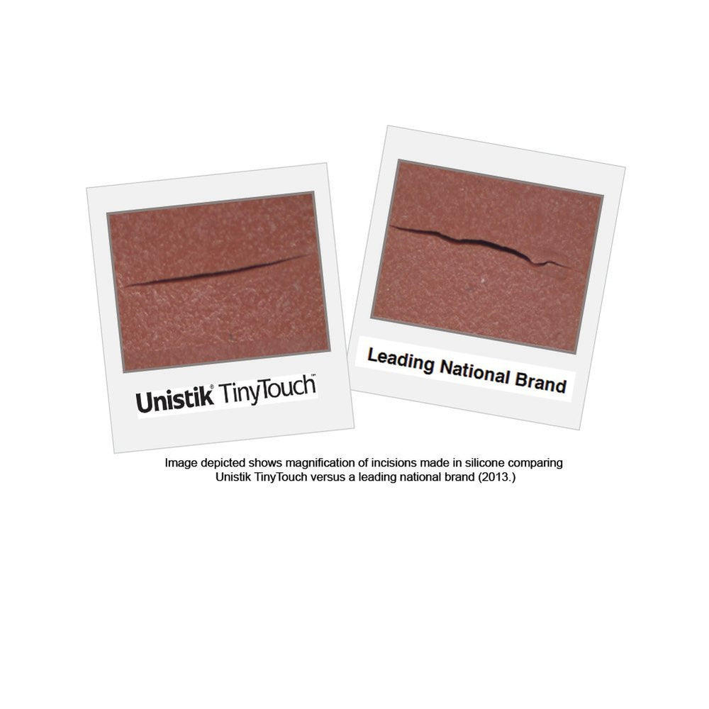 Unistik 3 TinyTouch 1mm blade depth and 2.5mm incision length for sampling.