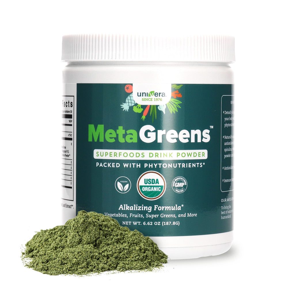 Univera Metagreens bottle-pour shows a convenient daily greens boost.
