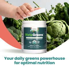 Univera Metagreens spoon-dip demonstrates accurate scoop for daily servings.
