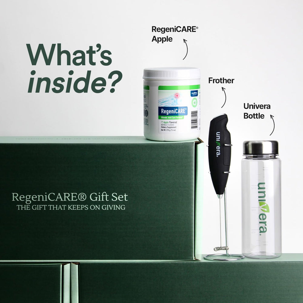 Univera RegeniCARE green apple prepared drink in glass supports daily mobility.
