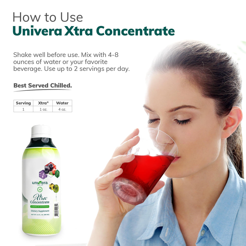 Univera Xtra Concentrate glass with beverage illustrates easy daily consumption