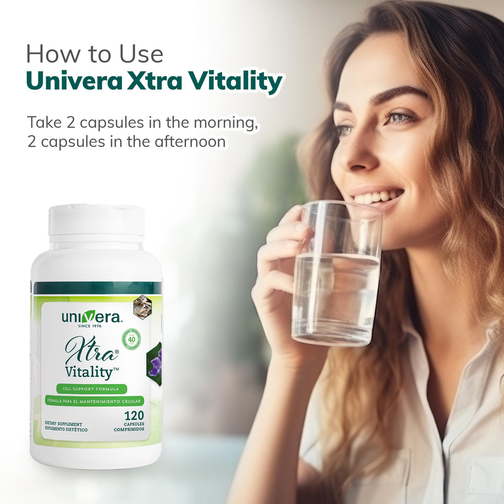 Univera Xtra Vitality bottle beside a glass, illustrating daily routine use