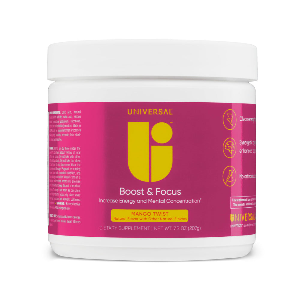 Universal U Boost & Focus scoop with mango drink mix for customizable energy.