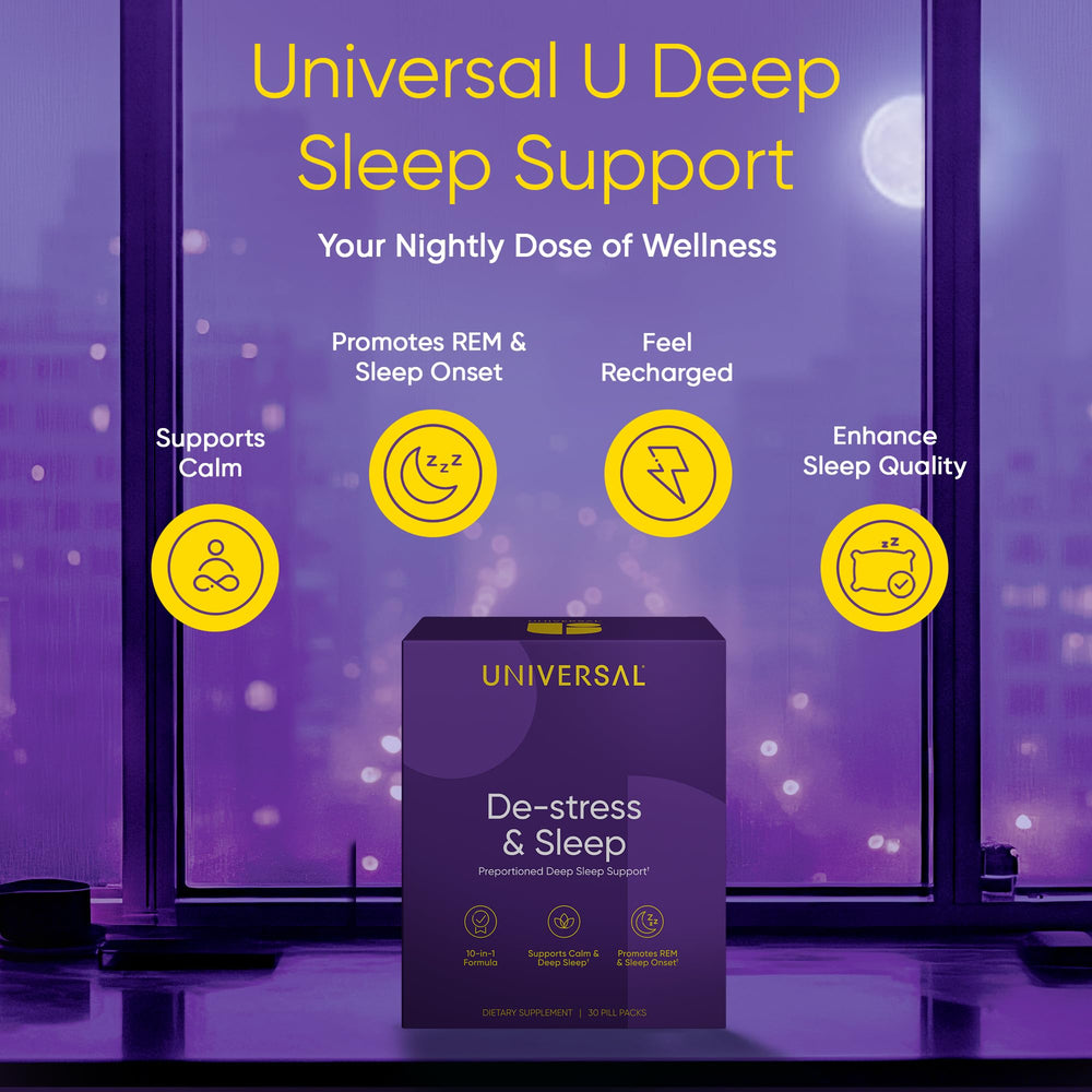 Pill pack image emphasizes easy bedtime routine with Universal U De-Stress & Sleep.
