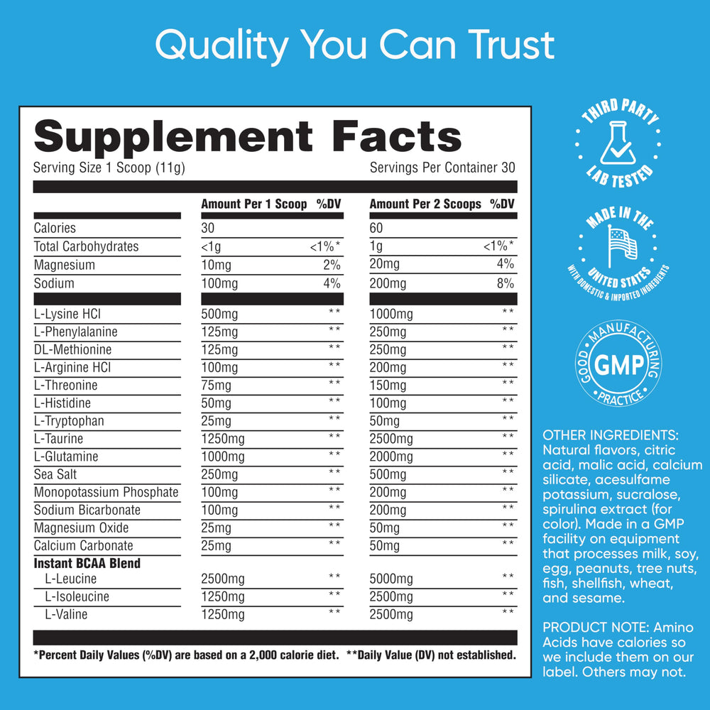Dosing scoop image shows customizable serving options for hydration or recovery