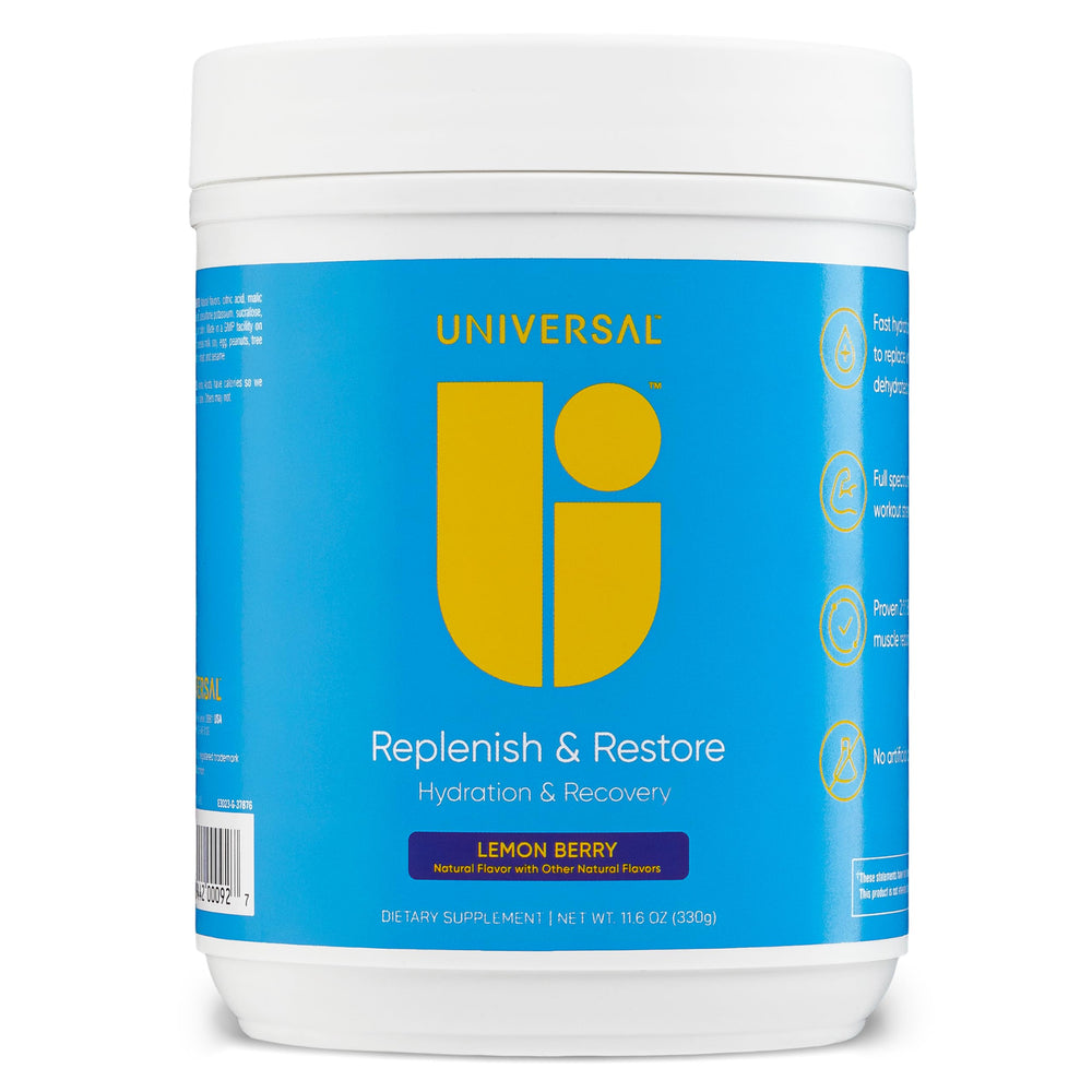 Universal U Replenish & Restore lemon berry powder in tub for quick hydration and recovery