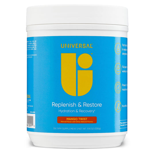 Universal U Replenish & Restore mango twist tub front for hydration after workouts.