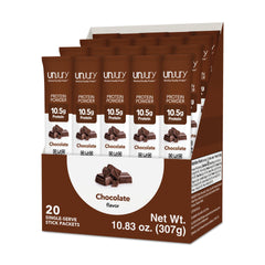 Unjury Chocolate stick-pack box showing convenient on-the-go protein.