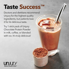 Unjury Chocolate stick-pack highlights gluten-free and lactose-free formula.