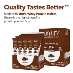 Unjury Chocolate stick-pack held in hand for quick nutrition on the go.