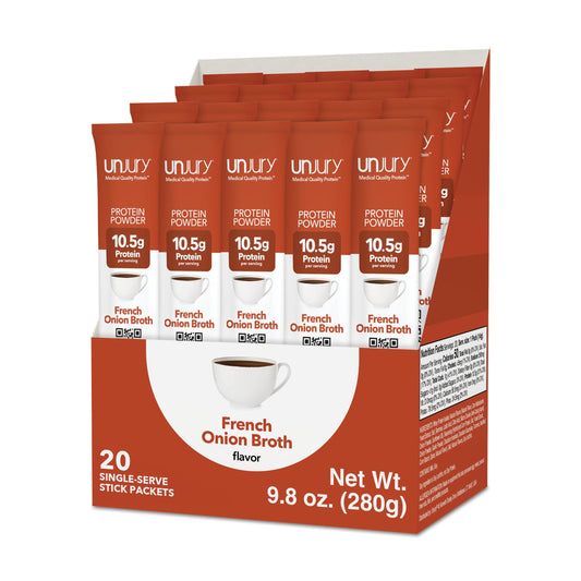 Unjury French Onion stick pack assembly shows convenient on-the-go protein for daily fueling