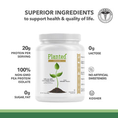 Unjury Planted pea protein powder packaging label highlighting gluten-free and non-GMO credentials.