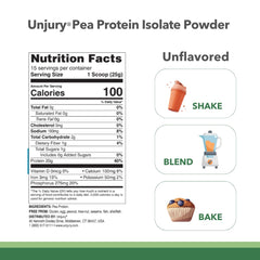 Unjury Planted pea protein powder scoop beside a glass of water for a quick protein boost.