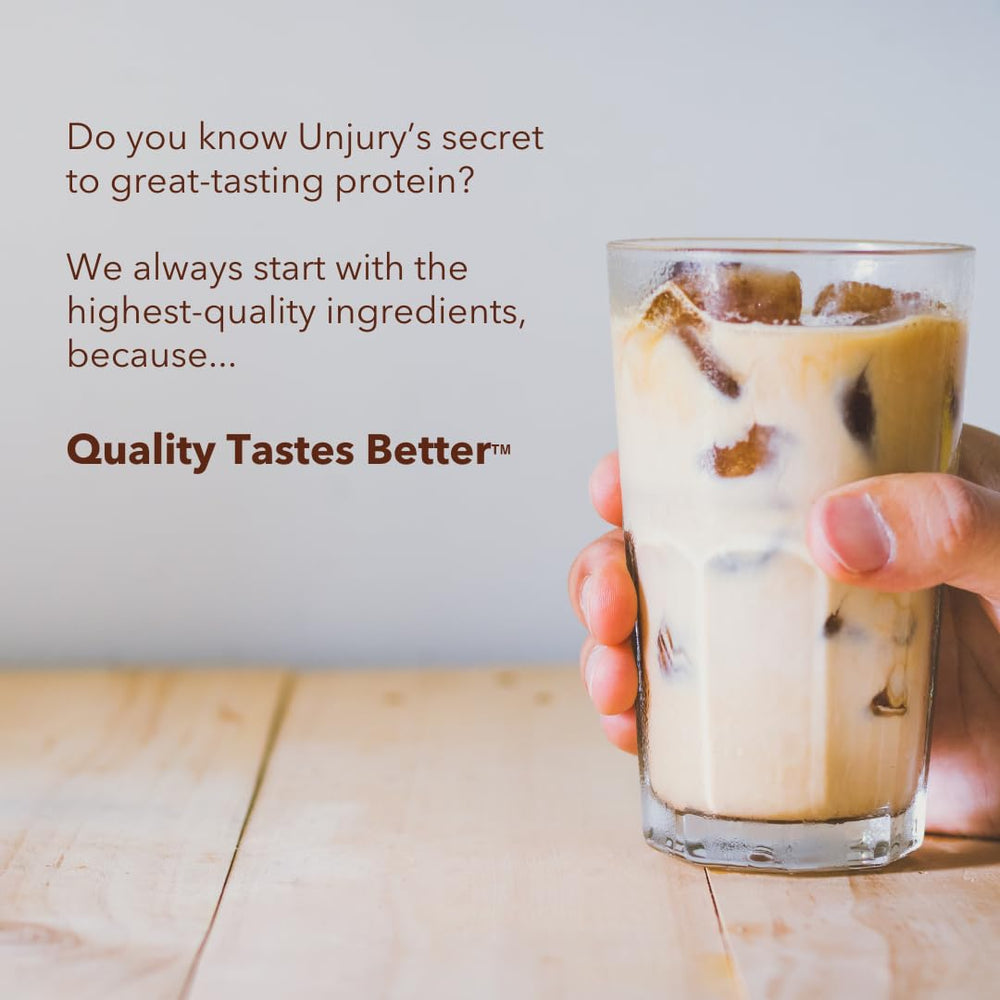 Close-up of Unjury Planted pea protein powder texture and smooth blend.