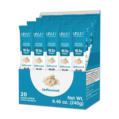 Unjury stick-pack unflavored whey protein for quick protein boost.