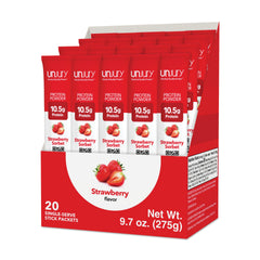 Unjury Strawberry stick pack offering convenient 20 servings for on-the-go protein.