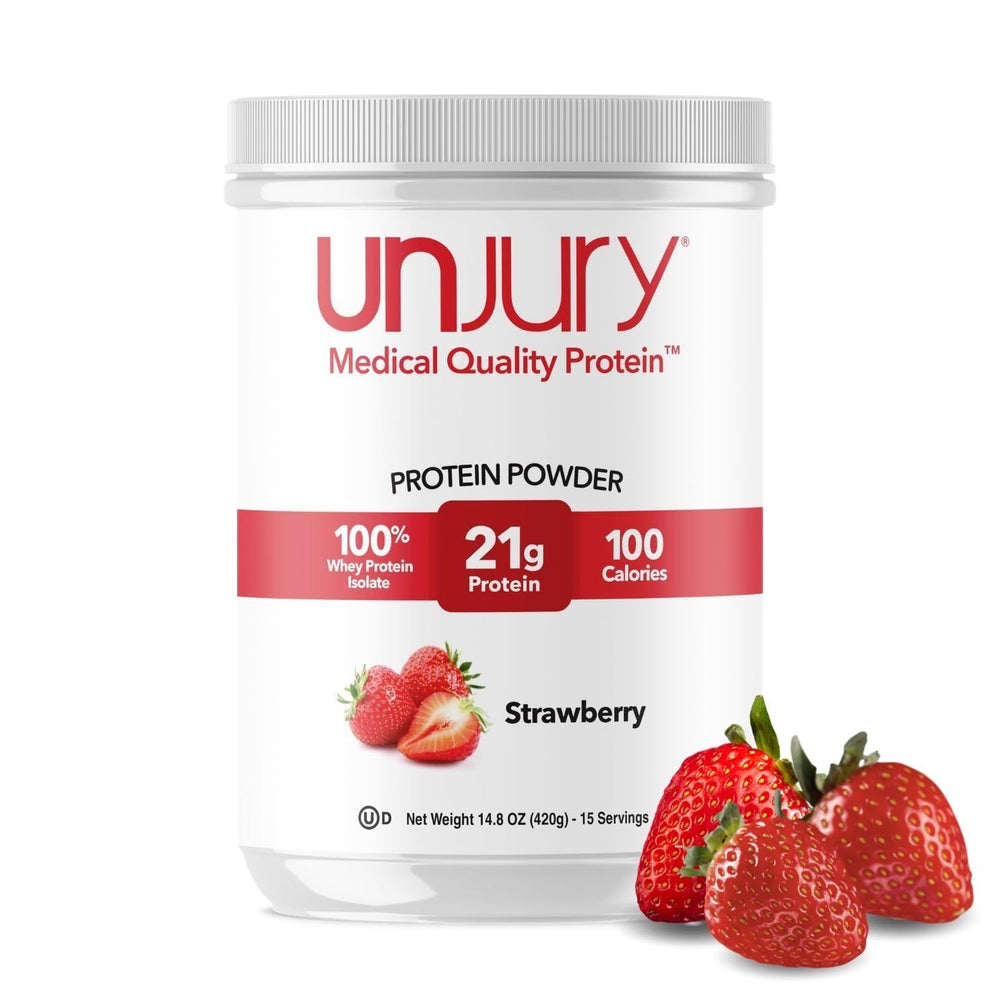 Unjury Strawberry whey bottle—premium protein for everyday shakes and meals.