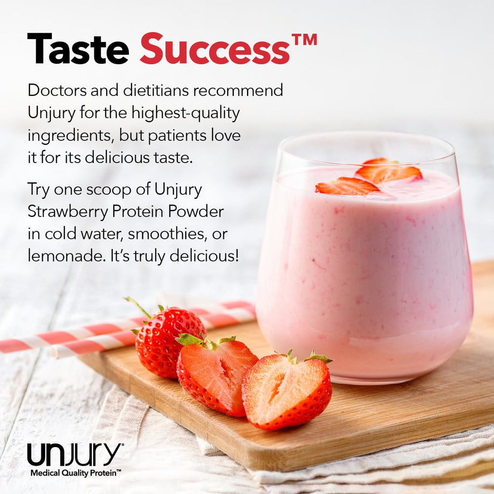 Unjury Strawberry whey scoop—easy portioning for 8-ounce beverages.