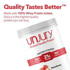 Unjury Strawberry whey tub front—trusted 100% whey isolate for sensitive stomachs.