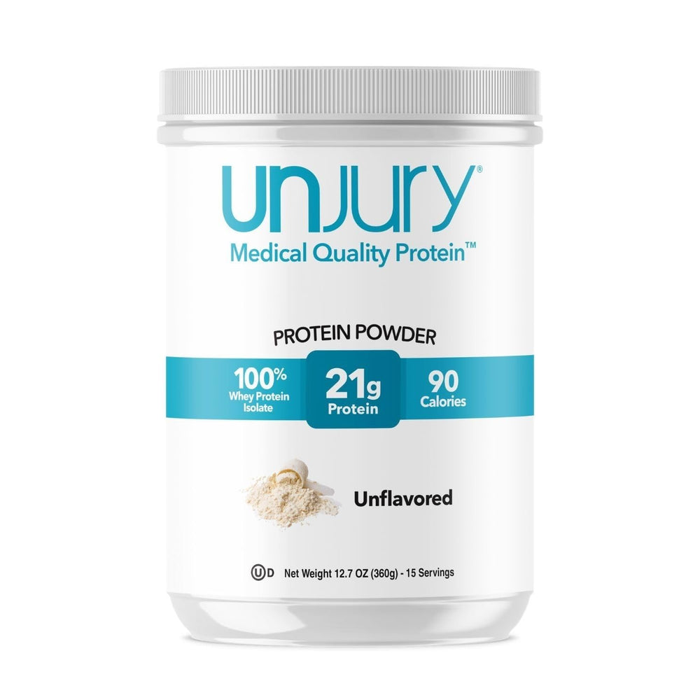 Unjury unflavored protein powder jar for gluten-free, kosher-friendly protein boosts in shakes.