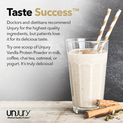 Coffee cup with Unjury vanilla powder mix suggests versatile use in beverages.