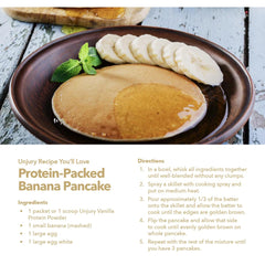Nutrition label close-up highlights gluten-free and kosher certification for Unjury vanilla powder.