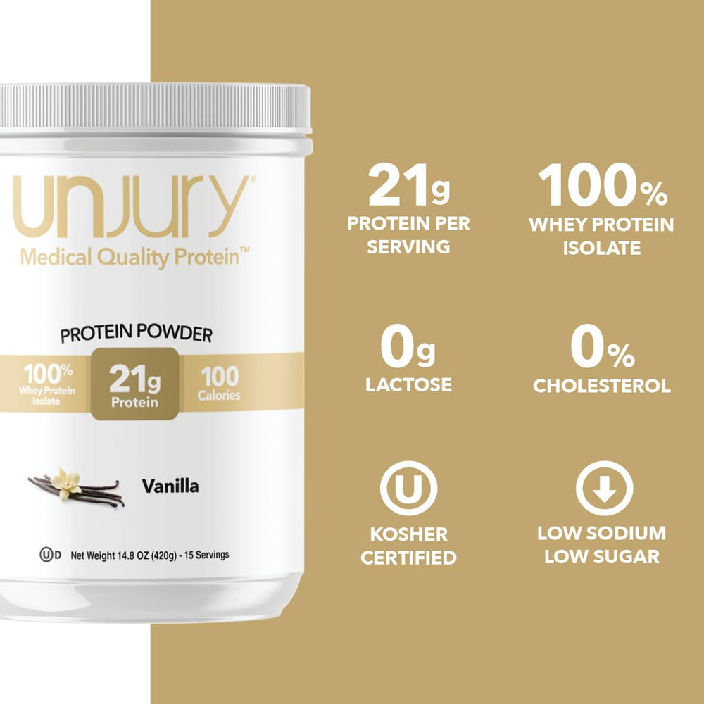 Pouring Unjury vanilla powder into milk demonstrates lactose-free, low-carb formula in action.