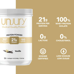 Pouring Unjury vanilla powder into milk demonstrates lactose-free, low-carb formula in action.