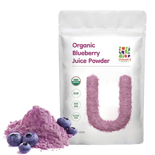 UNLEASH'D ORGANIC Blueberry Powder bottle shows pure, antioxidant-rich daily boost.