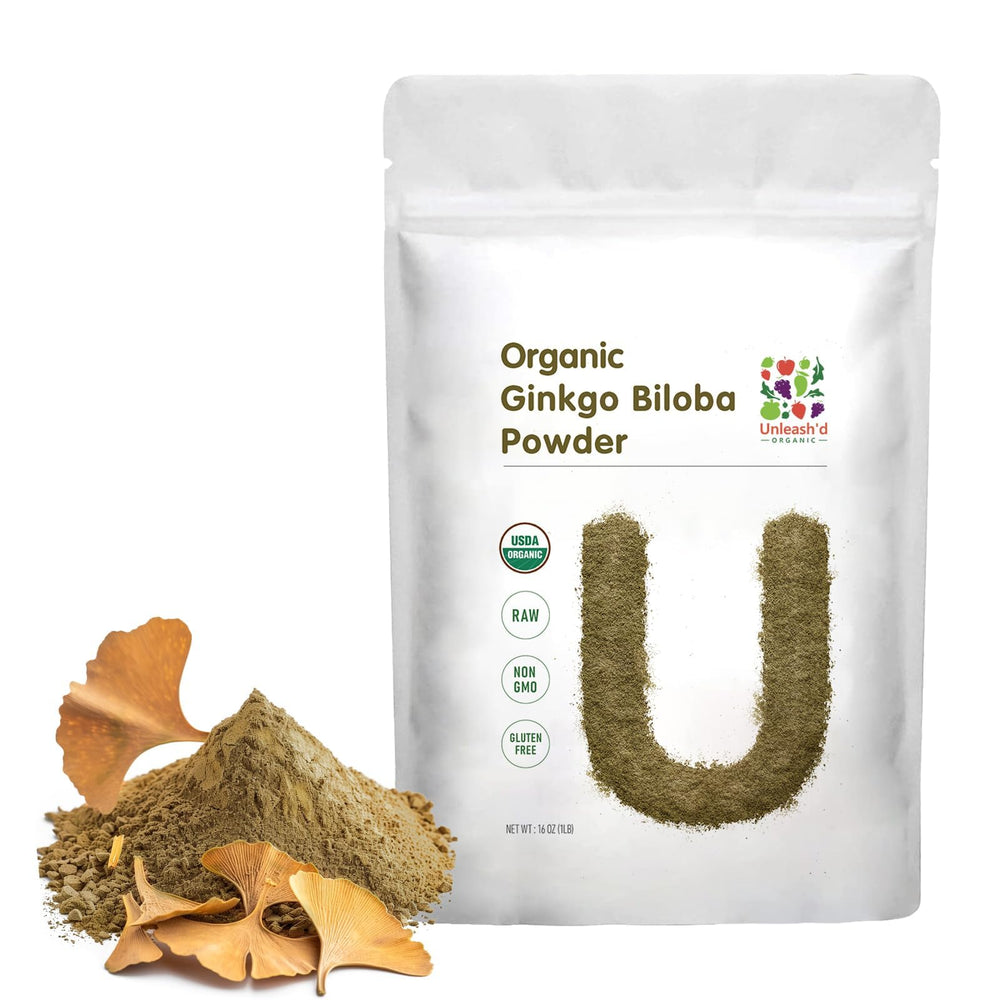 UNLEASH'D ORGANIC Ginkgo Biloba Powder bottle shows pure organic formula for daily nutrient support.