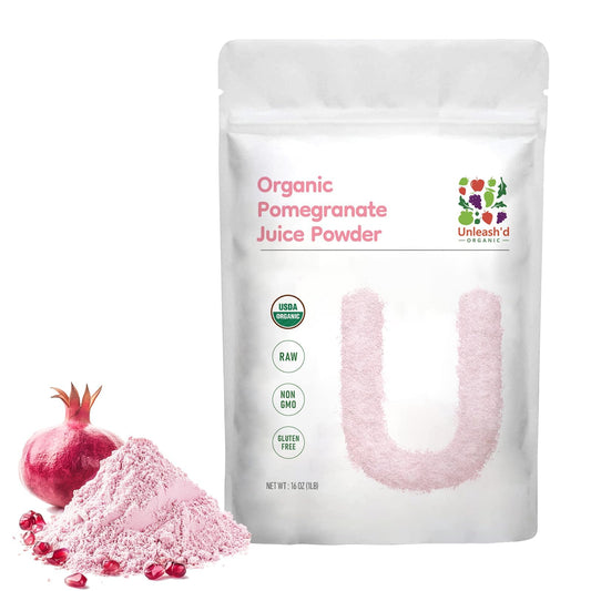 UNLEASH'D ORGANIC pomegranate powder jar front view showing premium organic quality for smoothies