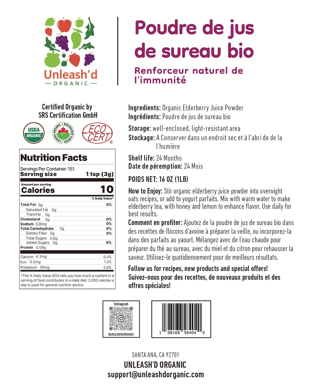 UNLEASH'D ORGANIC elderberry powder scoop easy smoothie addition