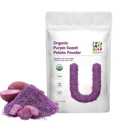 UNLEASH'D ORGANIC Purple Potato Powder 16oz bottle, ideal for smoothies and baking.