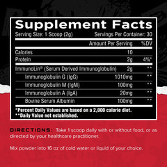 Unmatched Immuno-IGG colostrum powder with measuring scoop for easy daily servings.