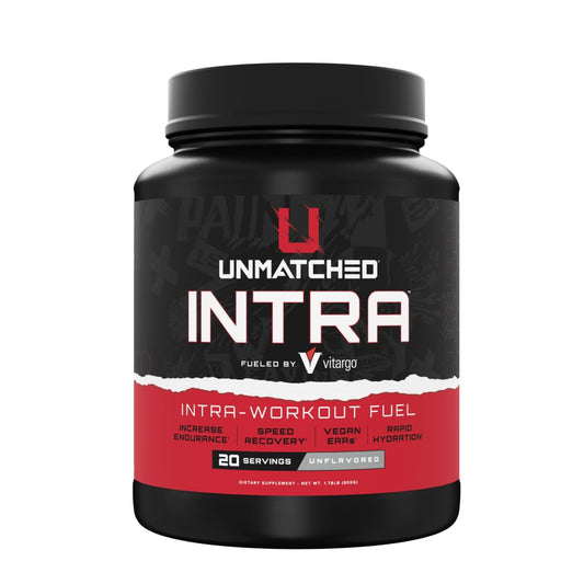 Unmatched Intra Workout Powder bottle shows fast-acting carbs for steady training energy.