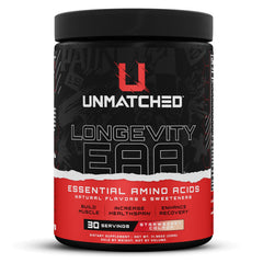 Unmatched Longevity EAA bottle front showing strawberry colada flavor for recovery support.