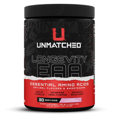 Unmatched Longevity EAA pink lemonade bottle ready for post-workout recovery