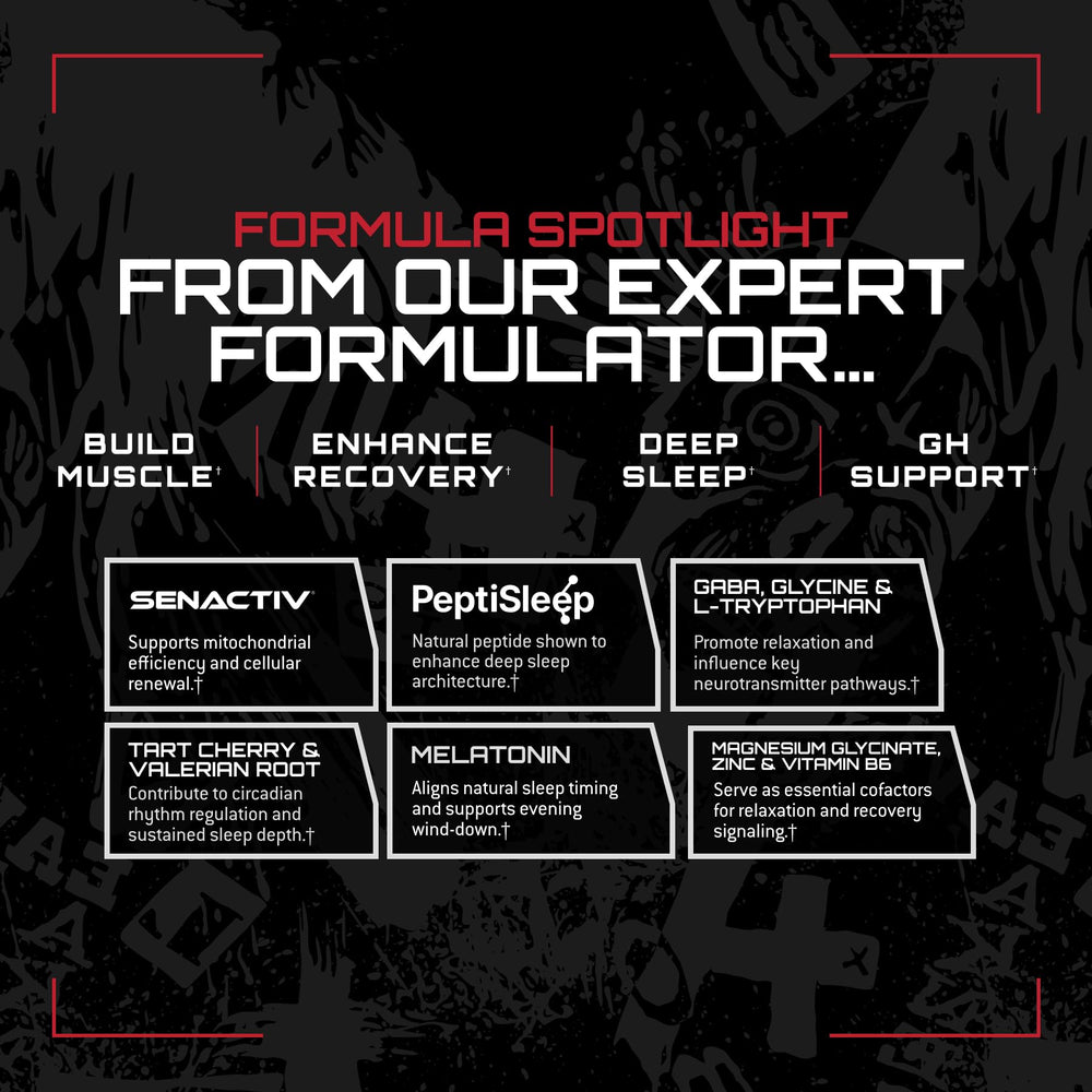 Unmatched Longevity Sleep magnesium and zinc components shown for overnight muscle relaxation