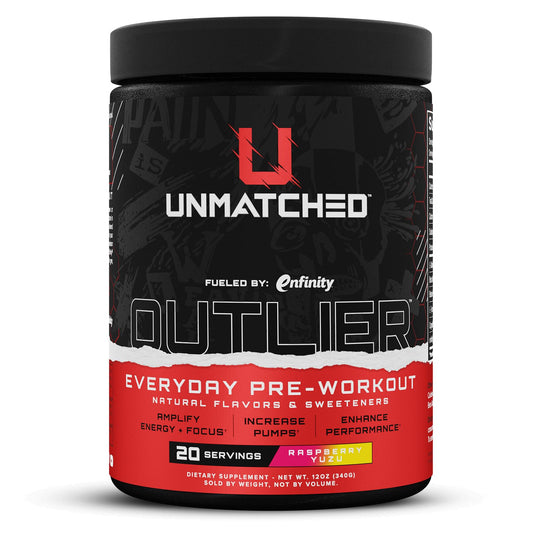 Unmatched Outlier bottle front—daily pre-workout for steady energy.