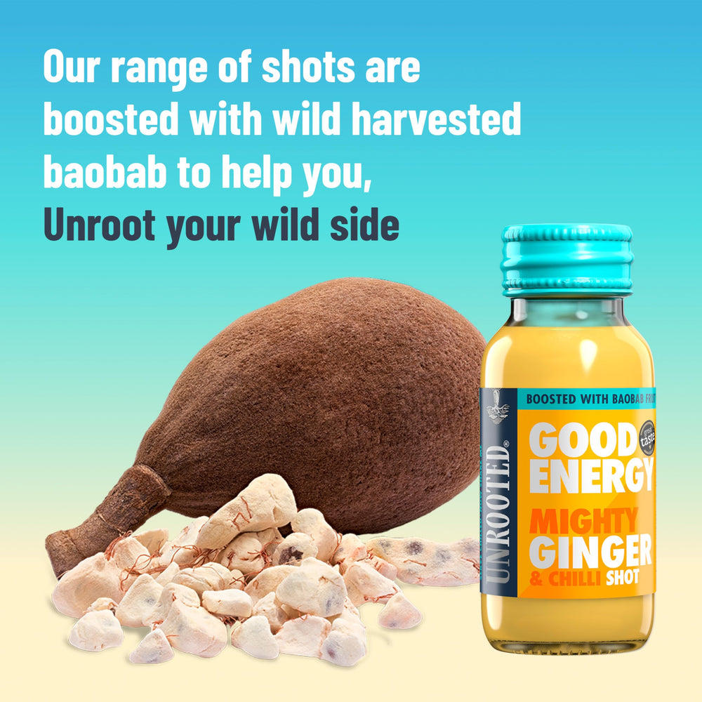 Unrooted Good Energy Shot baobab powder scoop shows high fiber and nutrients.