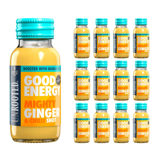 Unrooted Good Energy Shot bottle showcases ginger and baobab for steady energy.
