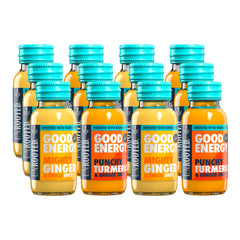 Unrooted Good Energy Shot Mighty Ginger bottle pour for steady energy.