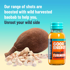 Unrooted Good Energy Shot packaging box, reflecting sustainable sourcing.