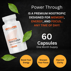 Power Through capsules closeup highlighting convenient memory support.