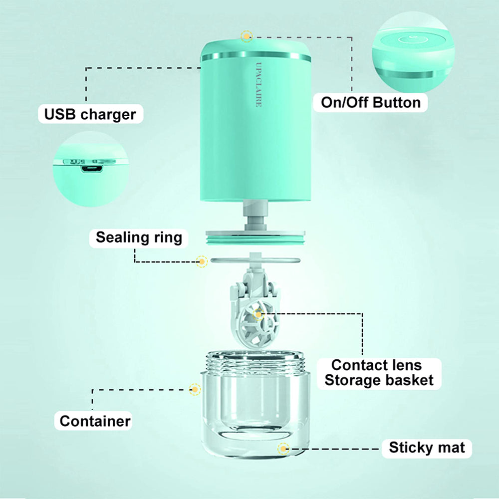 UpaClaire ultrasonic cleaner lid open green, intuitive access for quick lens rinsing.