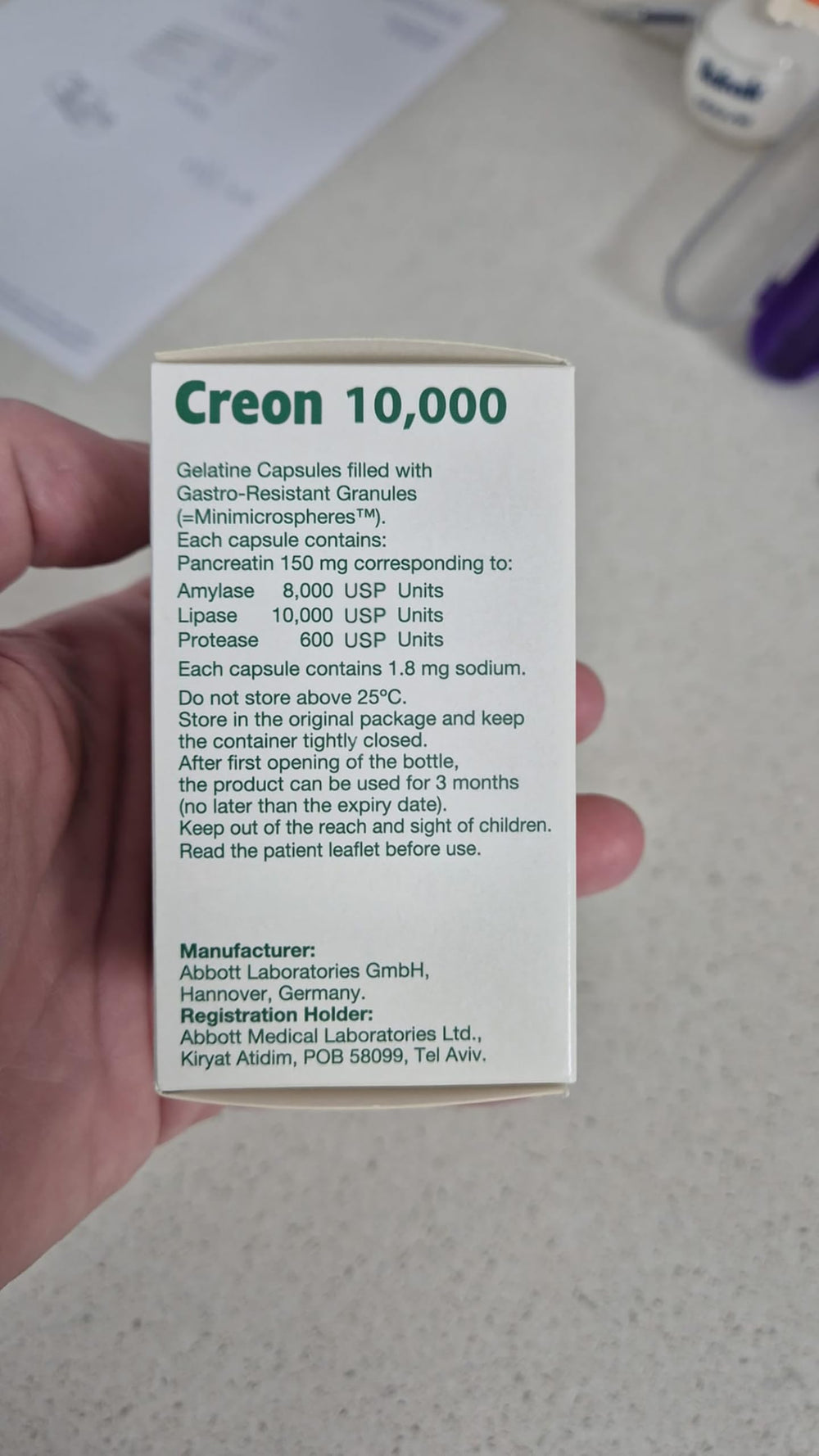 UPAX Creon 10,000 packaging showing storage guidance