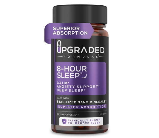 Upgraded Formulas 8-Hour Sleep bottle with capsules for a calmer night.