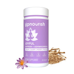 UpNourish Ashwagandha Saffron bottle for stress relief and mood support in a daily capsule.