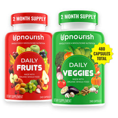 UpNourish bottle with 480 capsules offers convenient daily fruit and veggie nutrition.